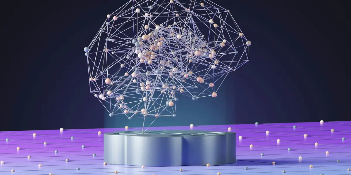 A 3D rendering of a neural network suspended above a metal disc, standing in for the statistical model behind an AI detector