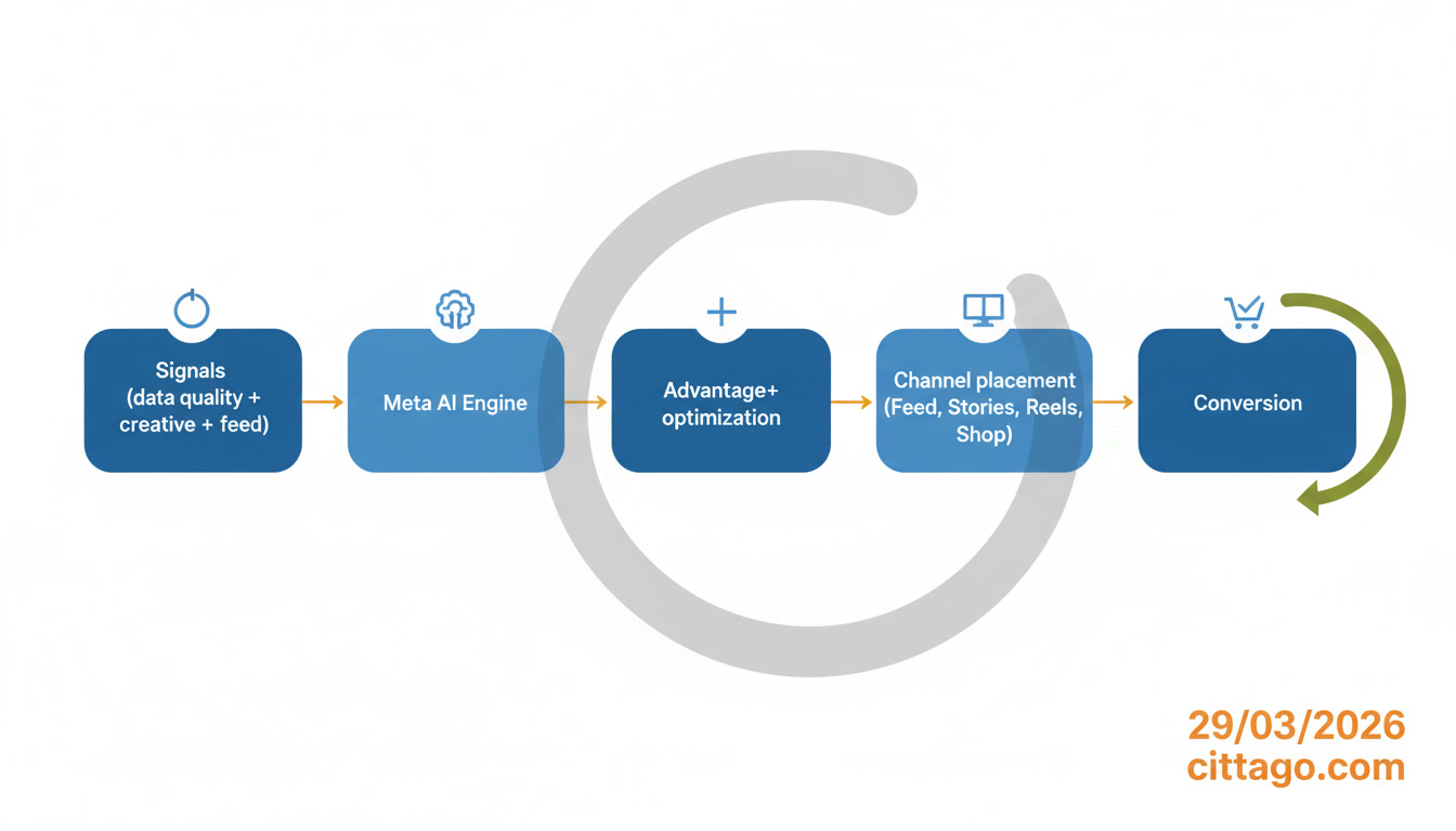How Meta Ads Advantage+ works in 2026 — signals to AI engine to campaign optimisation to conversion and feedback loop