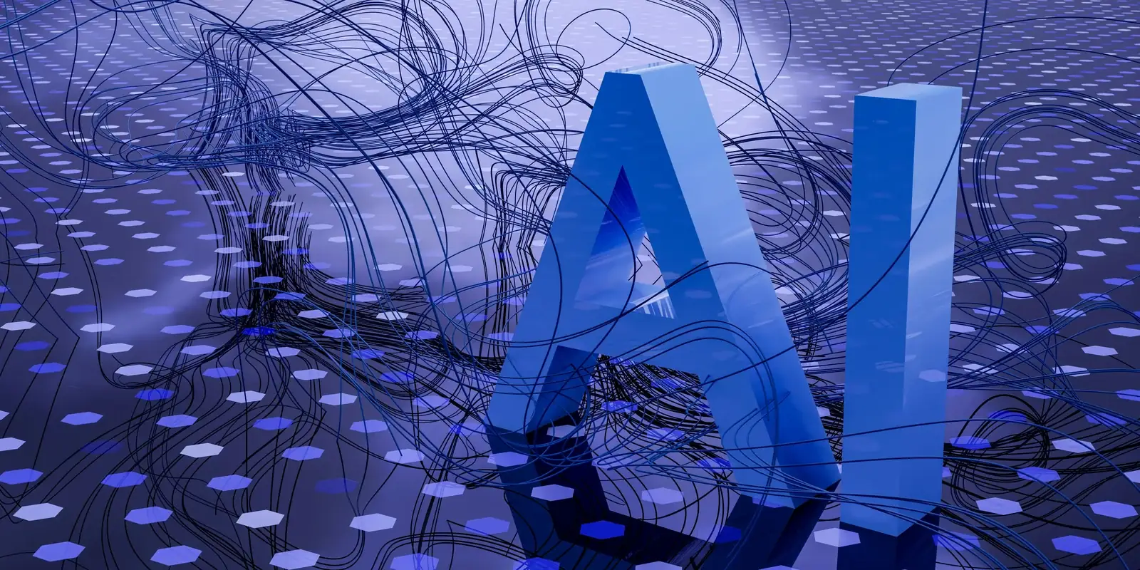 Lettere tridimensionali che compongono AI su una rete di cavi aggrovigliati e nodi sparsi
