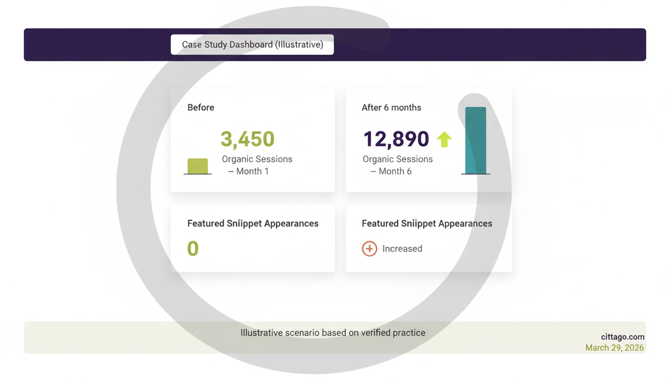 Illustrative SME SEO case study dashboard — organic traffic growth and featured snippet appearances after technical audit and E-E-A-T content implementation. Illustrative scenario based on verified practice.