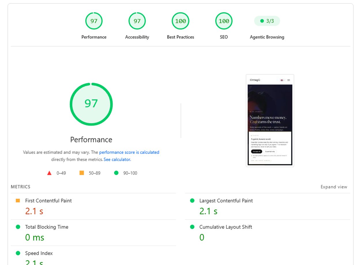 PageSpeed Insights mobile di cittago.com: Performance 97, con controllo Agentic Browsing 3/3