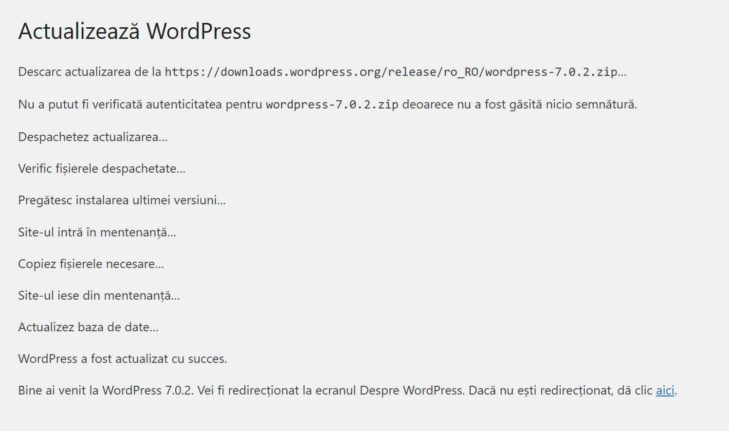 The WordPress update to 7.0.2, step by step: download, unpack, maintenance, file copy, database update and &ldquo;updated successfully&rdquo;