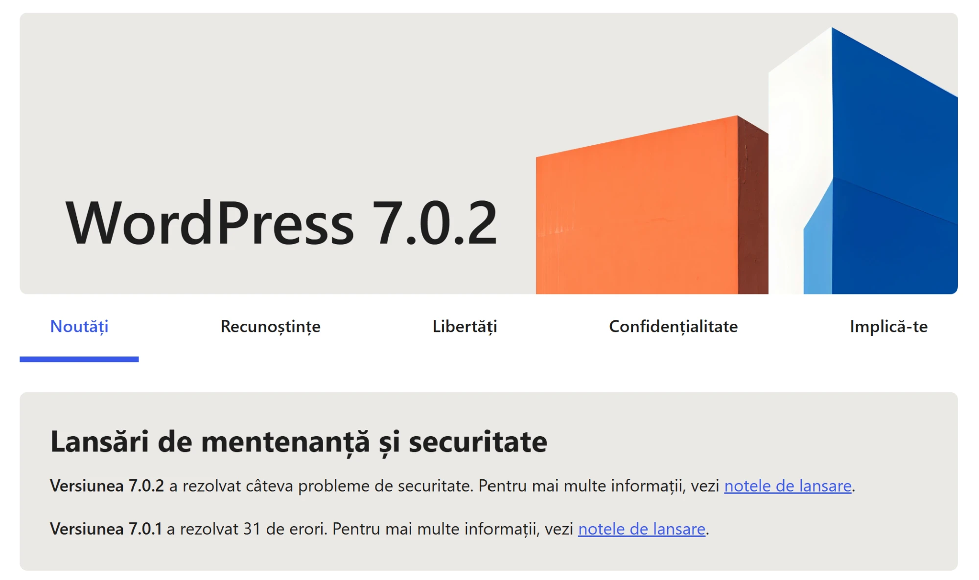 The &ldquo;About&rdquo; screen in WordPress 7.0.2, the &ldquo;Maintenance and Security Releases&rdquo; section