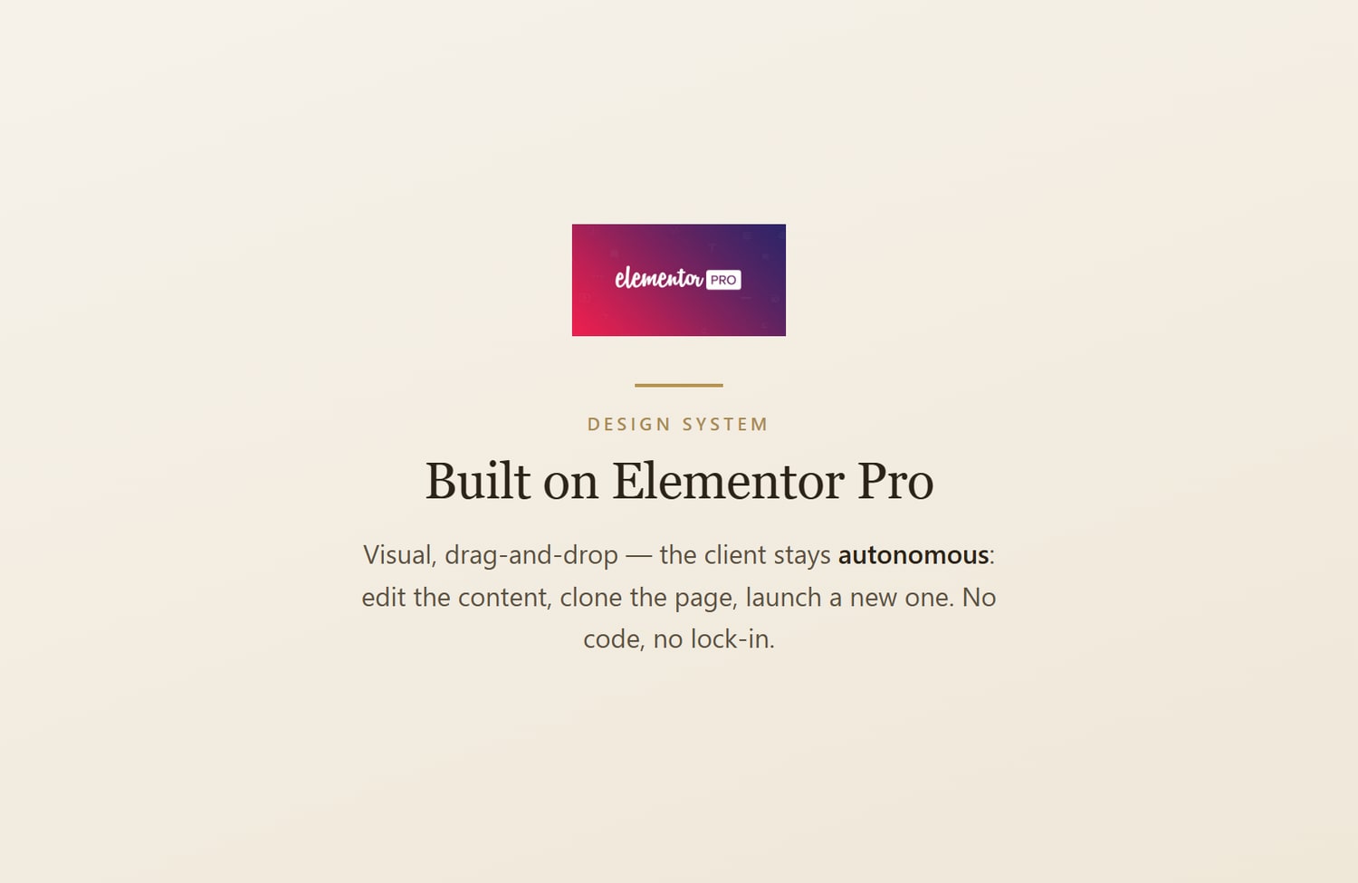Construit pe Elementor Pro — clientul rămâne autonom să editeze, cloneze și extindă pagina