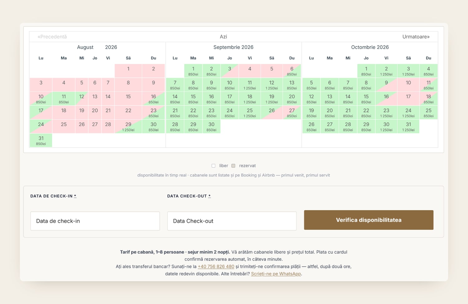 Calendarul live de prețuri de pe landing page-ul Apuseni