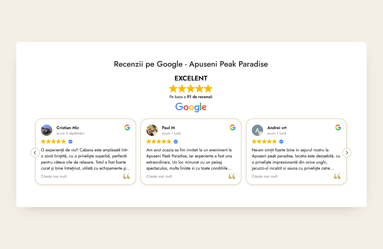 Secțiunea de recenzii Google — 5.0 pe 91 de recenzii