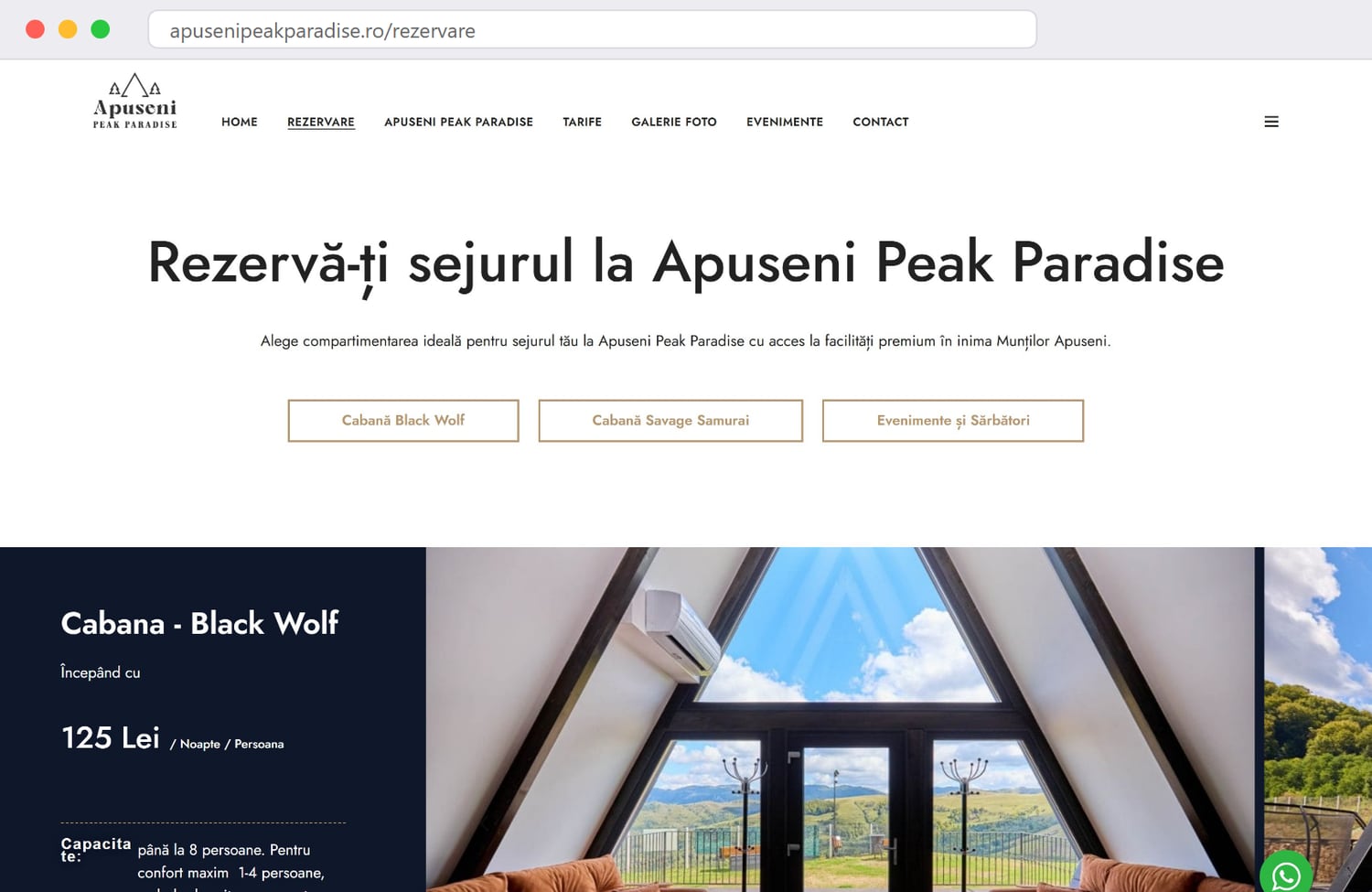 Pagina de rezervare de pe apusenipeakparadise.ro