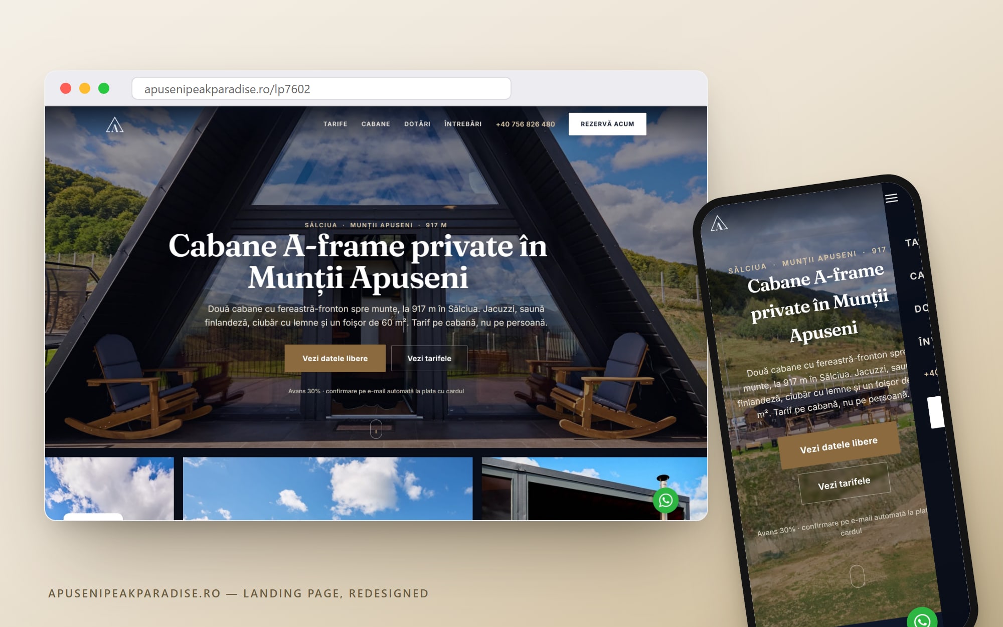 apusenipeakparadise.ro/lp7602 — landing page-ul reproiectat de Cittago, pe desktop și mobil