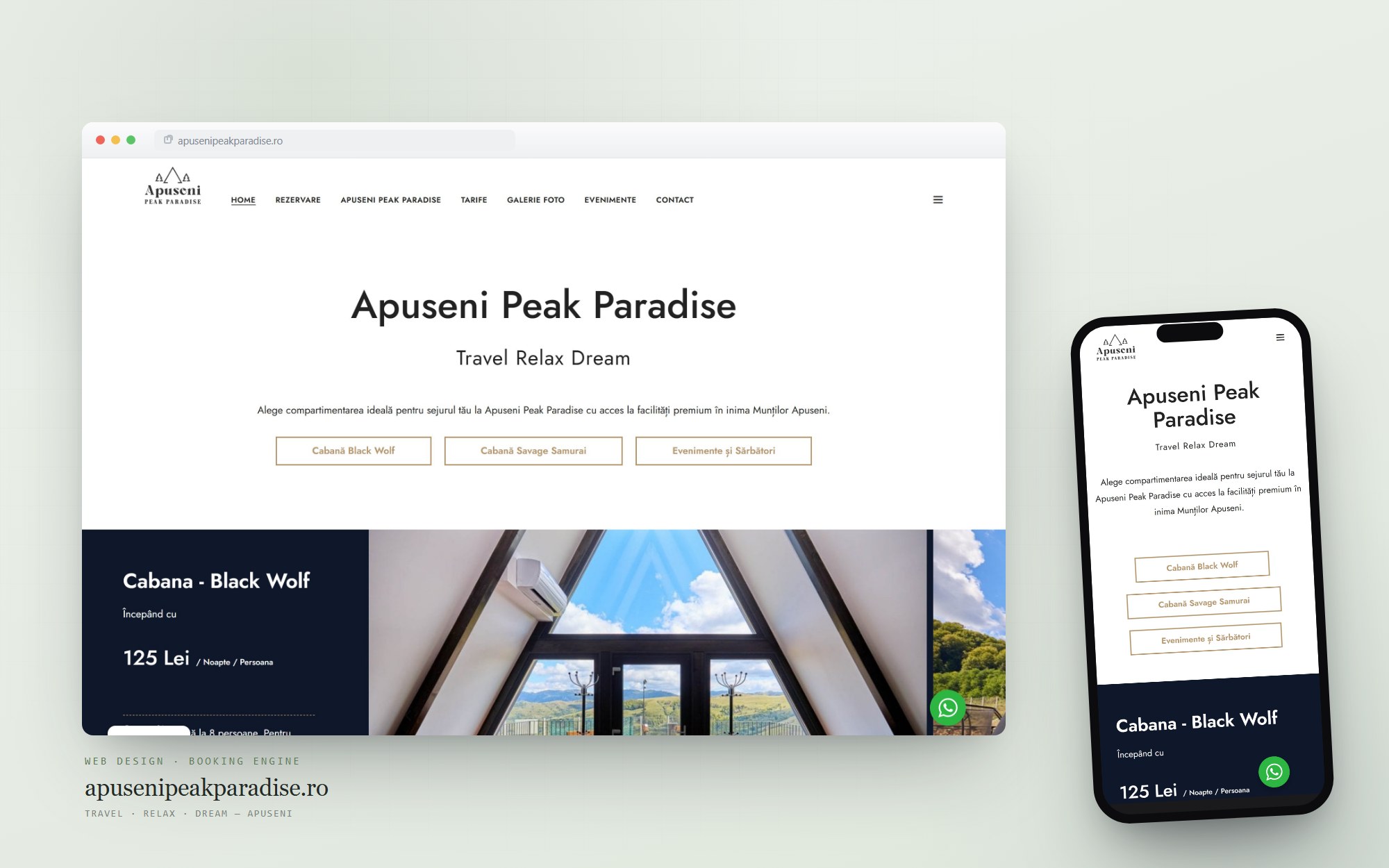 apusenipeakparadise.ro — the site and booking engine Cittago built, on desktop and mobile