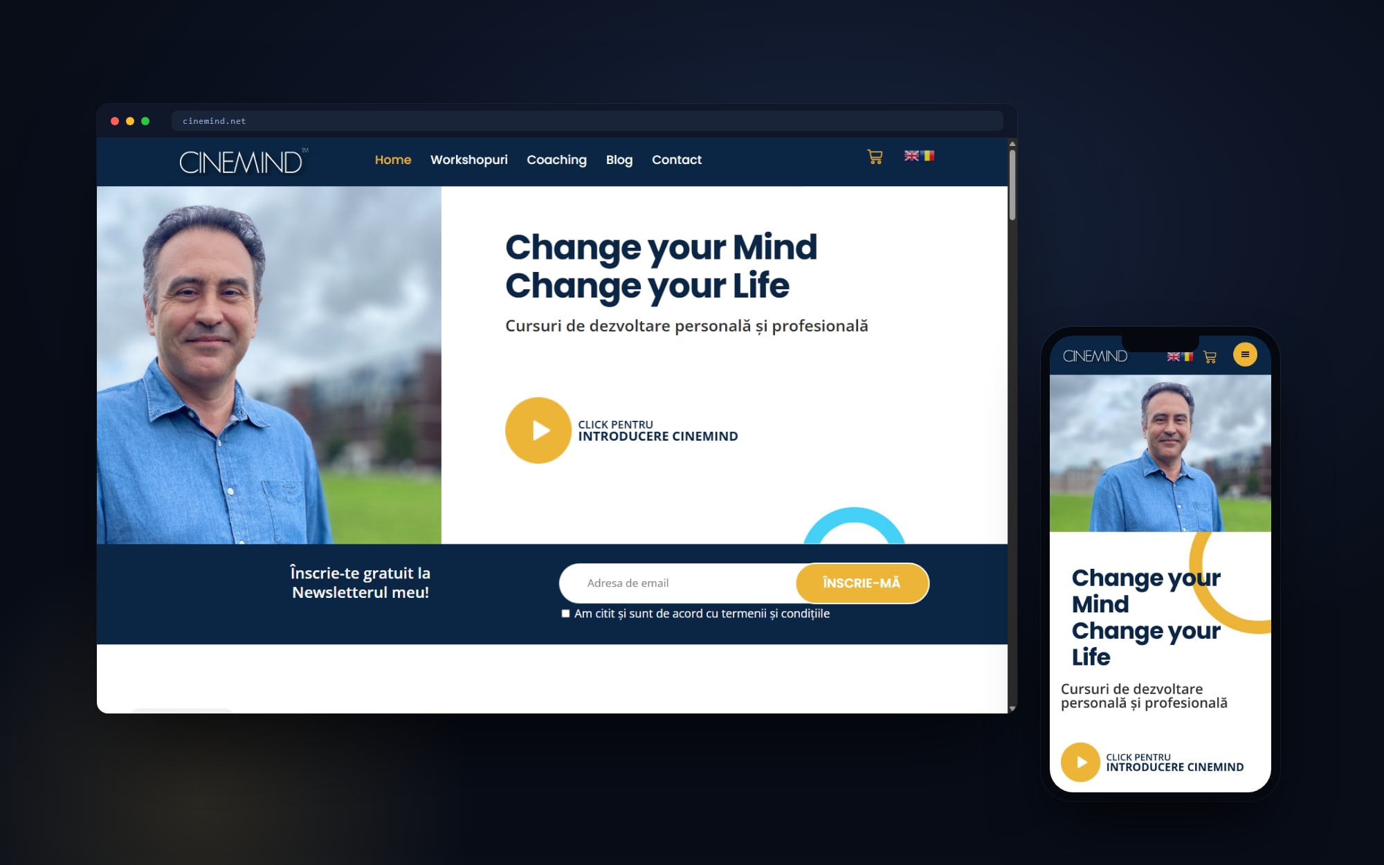 cinemind.net — vitrina de coaching construită de Cittago, pe desktop și mobil
