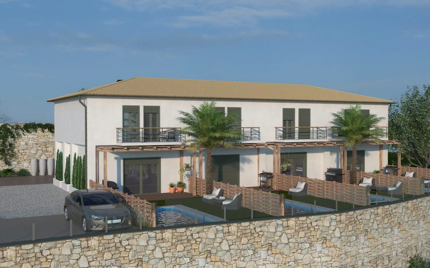 Randare de arhitectură a celor patru vile Ela Home cu piscine private, Kypseli, Zakynthos