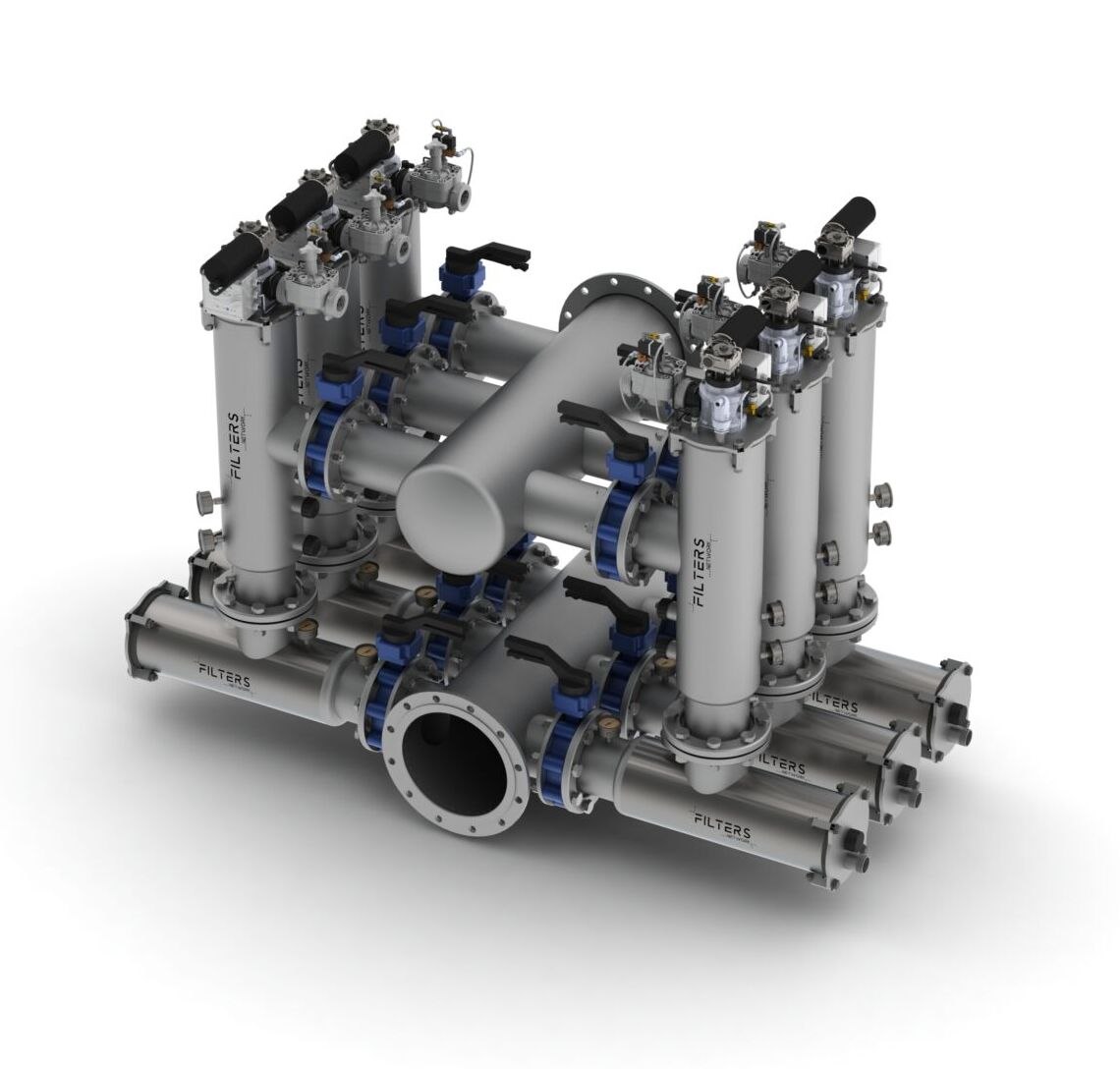 The Ecoklin self-cleaning filter unit rendered on a clean light background, every fitting and flange in sharp detail.