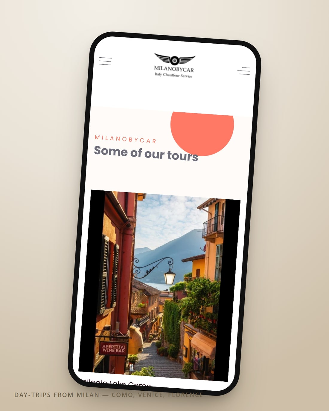 La pagina “tour da Milano” su mobile — gite di un giorno a Como, Venezia e Firenze