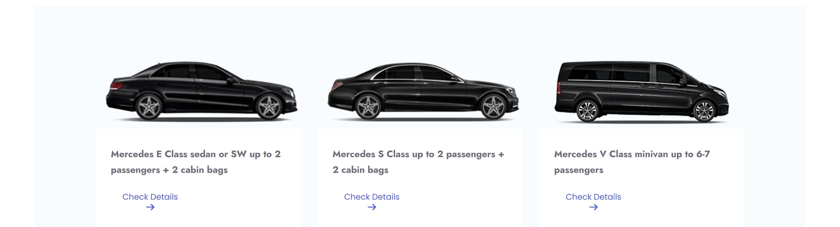 La flotta Mercedes — Classe E, Classe S e Classe V, ciascuna dimensionata al viaggio