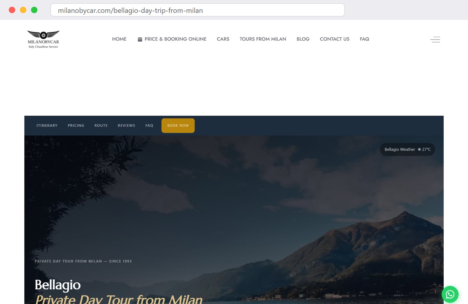 La landing page della gita a Bellagio su milanobycar.com