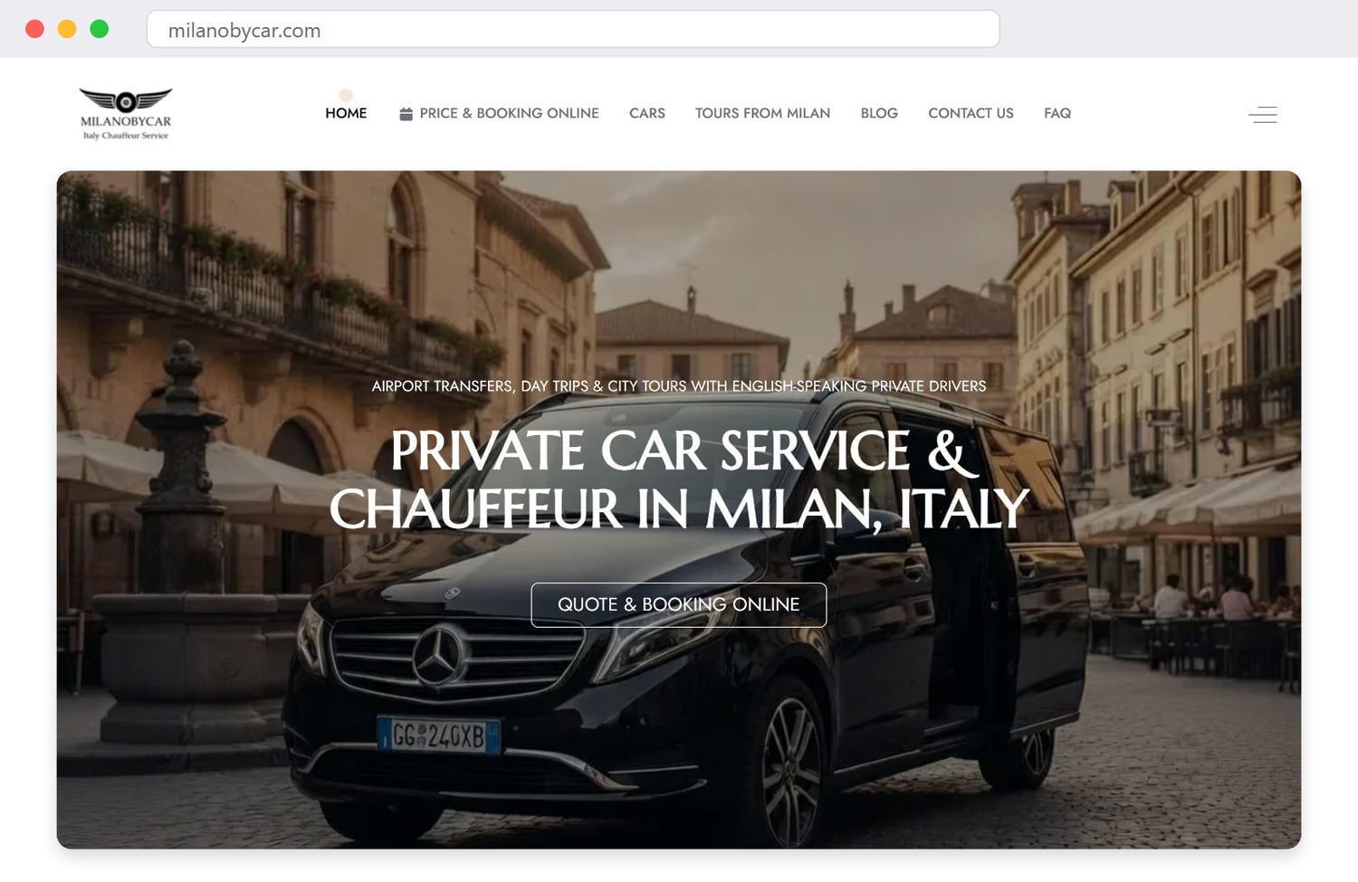 La homepage di milanobycar.com — servizio di auto privata e chauffeur a Milano